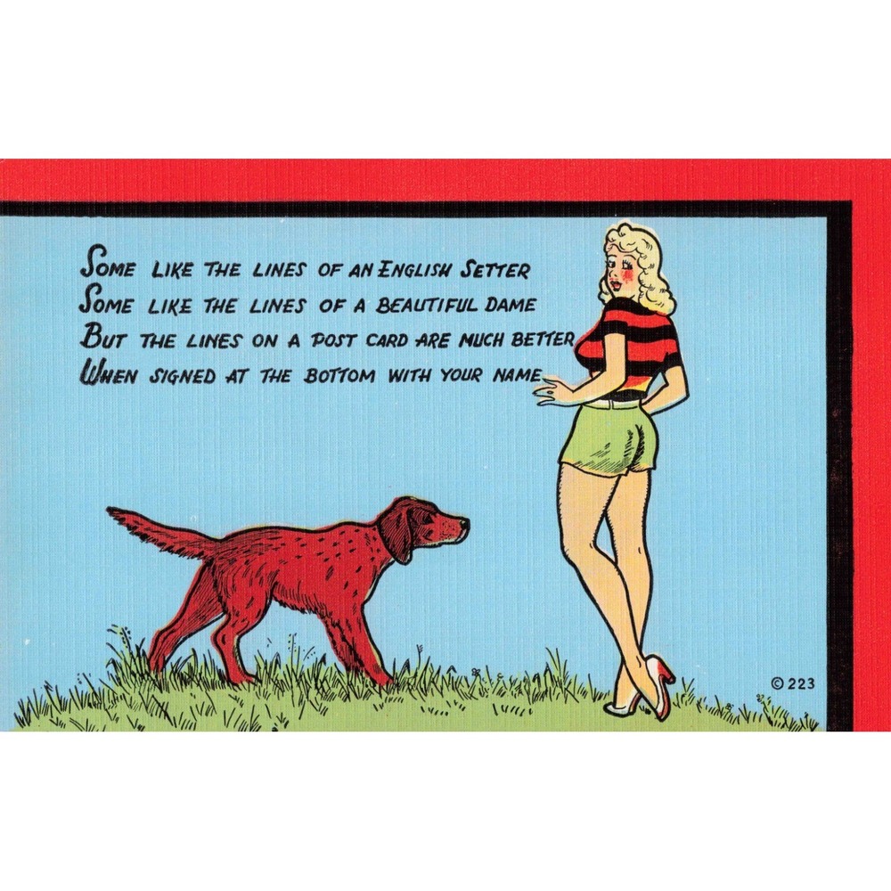 Pin-Up Girl English Setter Dog Humorous Comic Rhyme Linen Postcard 223 - Picture 1 of 2
